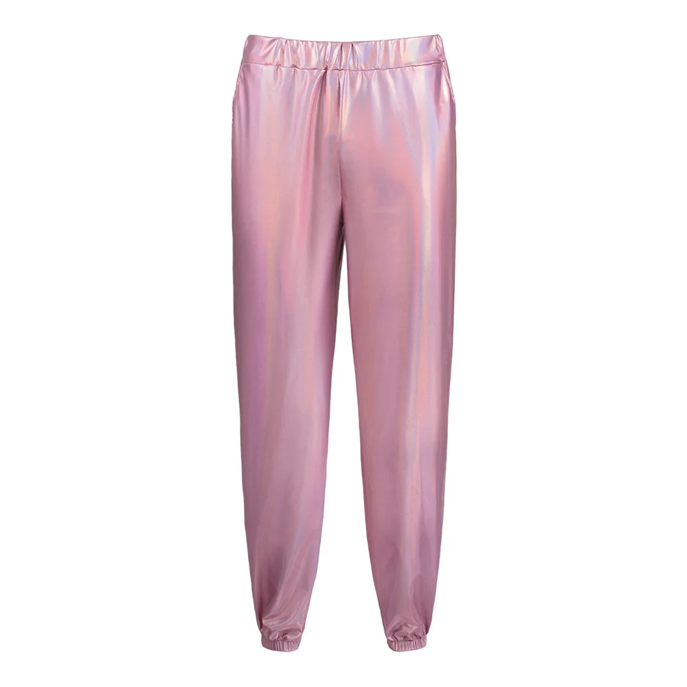 Loween تأثيري الذهب Eming الجلود الشارع الهيب هوب الاسمية أداء السراويل الليزر فضفاض المرأة السراويل المرحلة زي