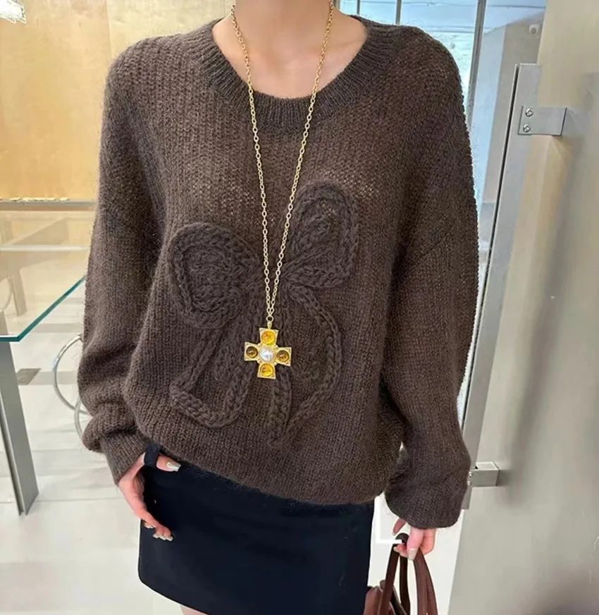 New 2024 Fashion Chic Autumn White Soft Mohair Knitted Sweater For Women O Neck 3D Large Bowknot Long Sleeve Loose Pullover Tops