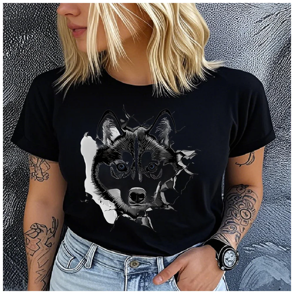 Cotton 100% 3D Crack Wall Husky Dog Graphic T Shirt Women Casual Short Sleeve Tee Cool Siberian Husky Lover Gift Top