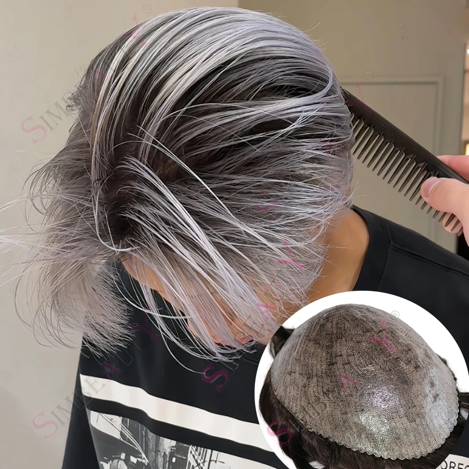 

30mm Wavy Natural Hairline 1B50 1B65 1b80 Grey Hair Old Man 0.1mm PU Men Toupee 100% Human Hair Super Durable Poly Men's Prothes