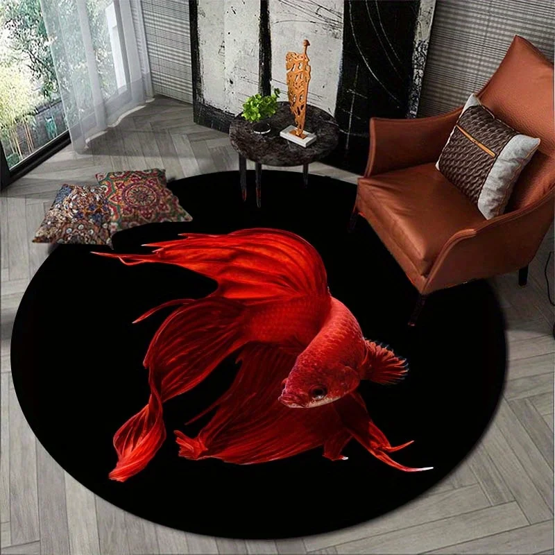 Red Betta Fish Round Rug Flannel Black Background Aquarium Pet Lover Decor Modern Minimalist Living Room Bedroom Floor Mat Soft