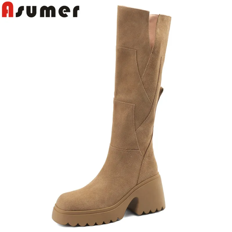 

ASUMER 2024 New Cow Suede Leather Knee High Boots Ladies Square Toe Platform Winter Boots Square High Heels Zipper Boots