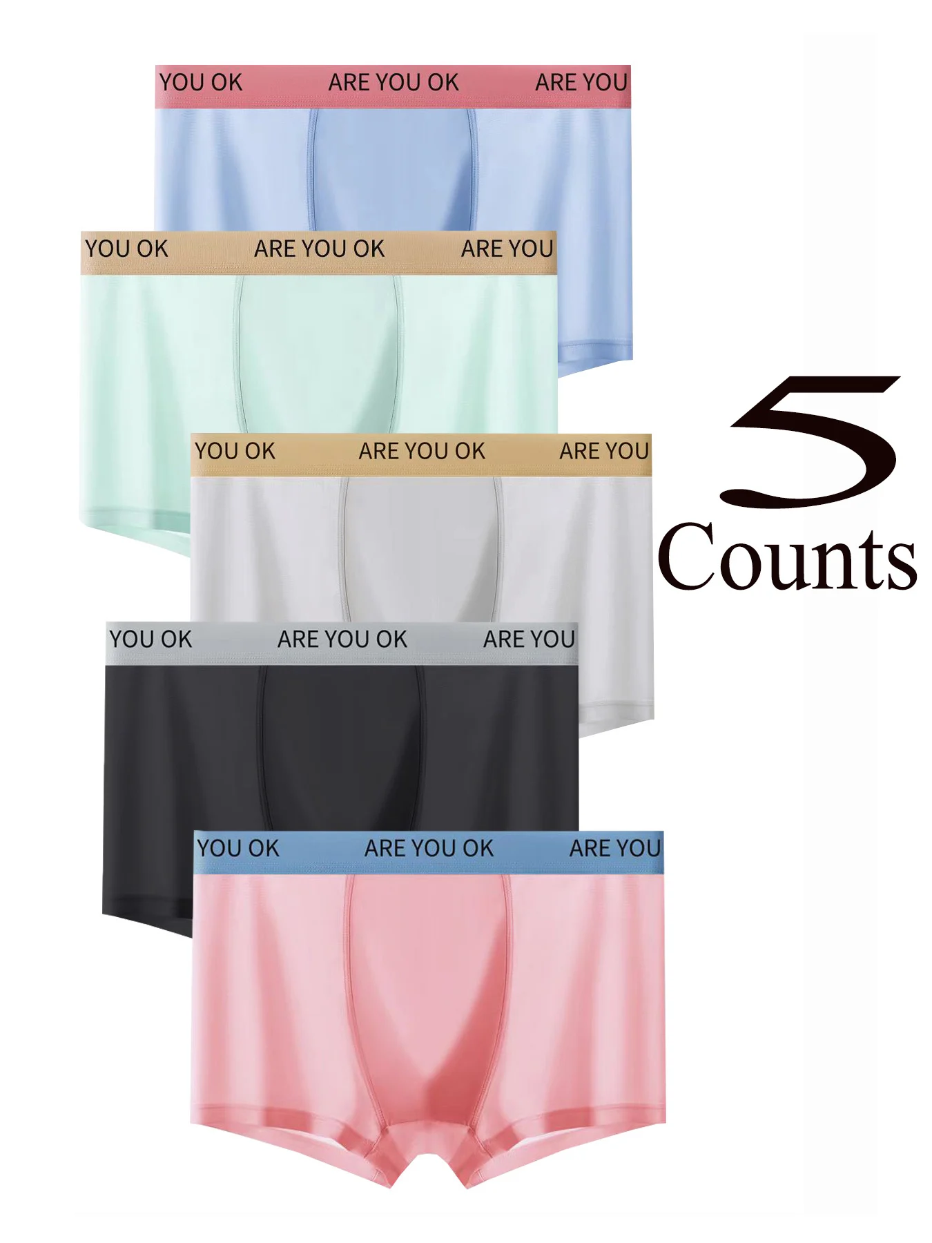 

"ARE YOU OK" Fun Waistband Men's Boxer Briefs (5-Pack) Silky Breathable Multi-Color Underwear