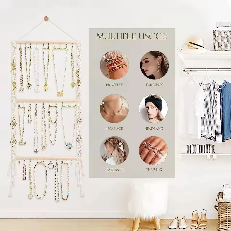 Hanging Jewelry Organizer Boho Macrame Necklace Hanger Wall Hanging with 30 Hooks Door Hanging Jewelry Holder Necklaces Display