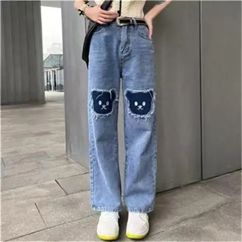 Little Bear Patch Girl Straight Cute Casual Pants Small Tall Waist Retro Spicy Girl Jeans