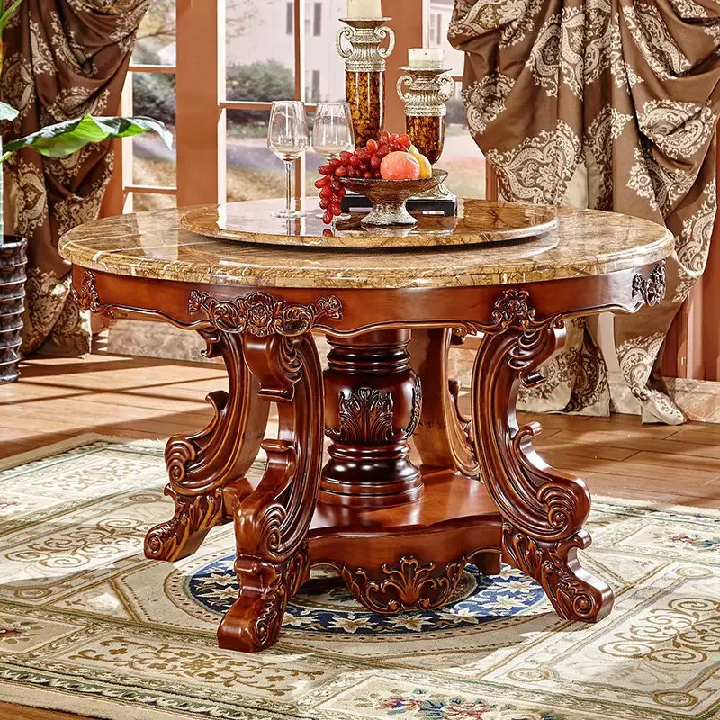 Round dining table and chairs marble all solid wood combination eating table furniture