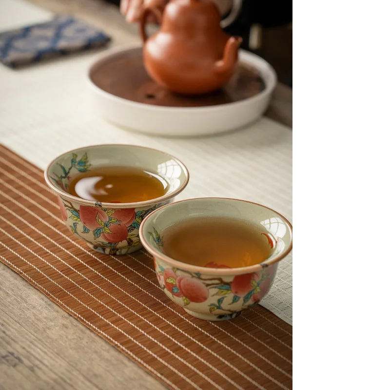 Dehua Handmade Nine Peaches Five Fu Shou Peach Master Cup Antique Enamel Color Over The Wall Peony Press Cup Pu 'er Cup