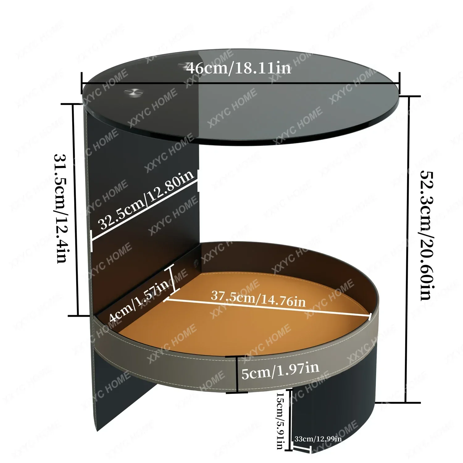 Y Unique 2-Tier Side End Table with Tempered Glass Top, Saddle Leather Shelf, Coffee Accent Table for Living Room and Bedroom