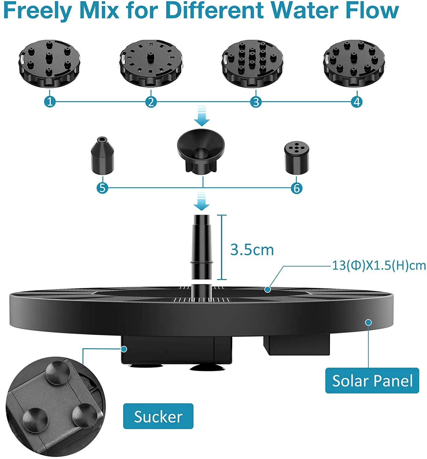 PALONE Solar Fountain Pump, Solar Water Fountain Pump with 6 Nozzles, Solar Powered Fountain Pump for Bird Bath, Ponds, Garden