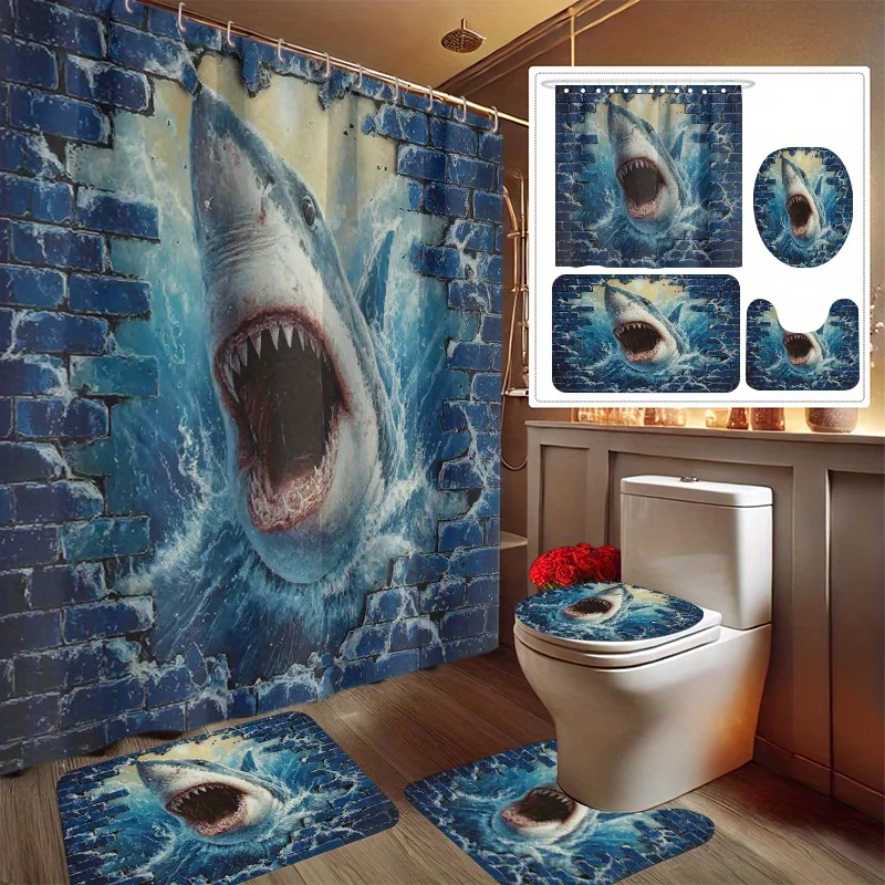 4pcs Shark Breaking Through The Wall Print Shower Curtain, Shower Curtain Set, Comes with 12 Plastic Hooks, Machine Washable
