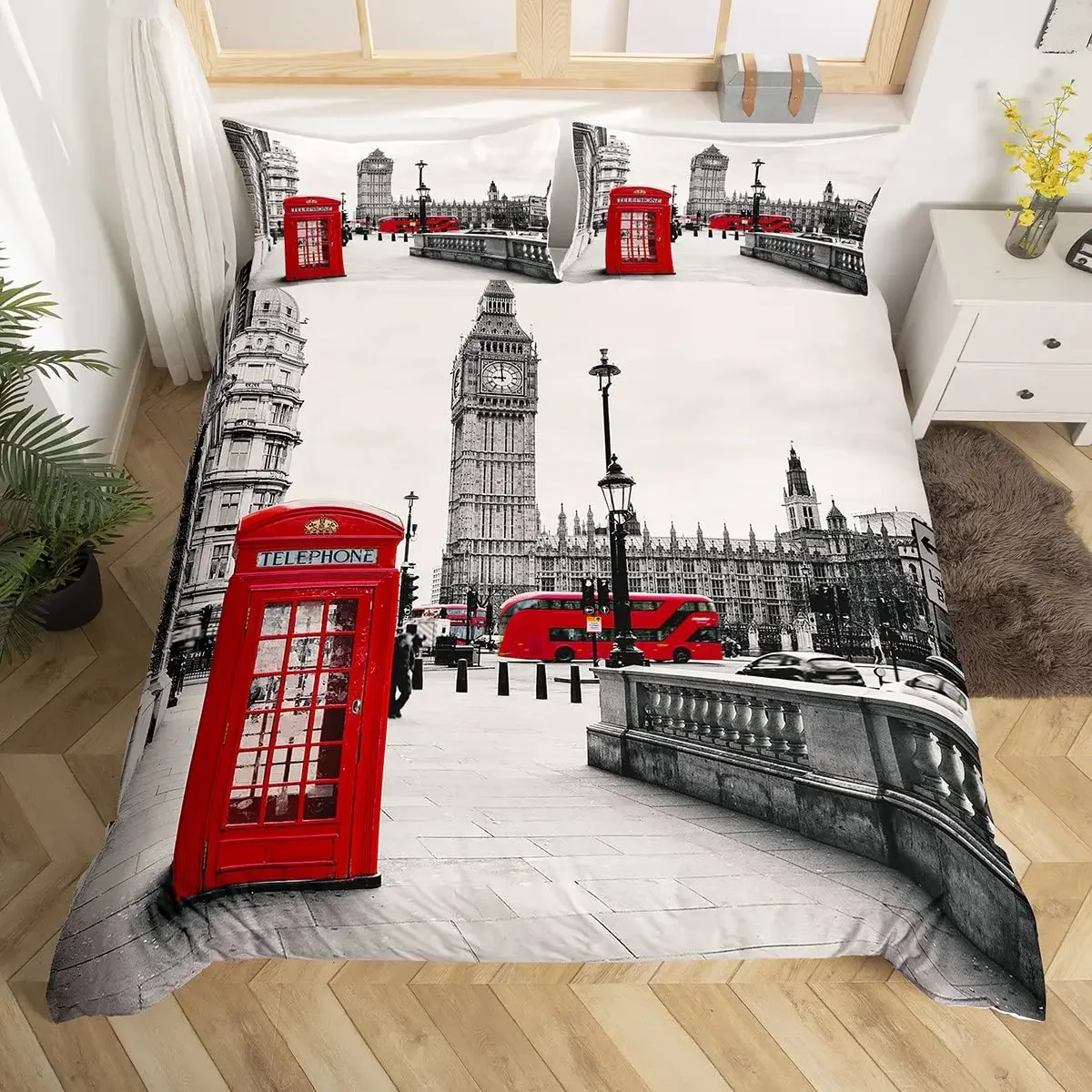 

London Telephone Booth King Queen Duvet Cover The Big Ben Bedding Set Retro United Kingdom Quilt Cover Red Grey Comforter Cover