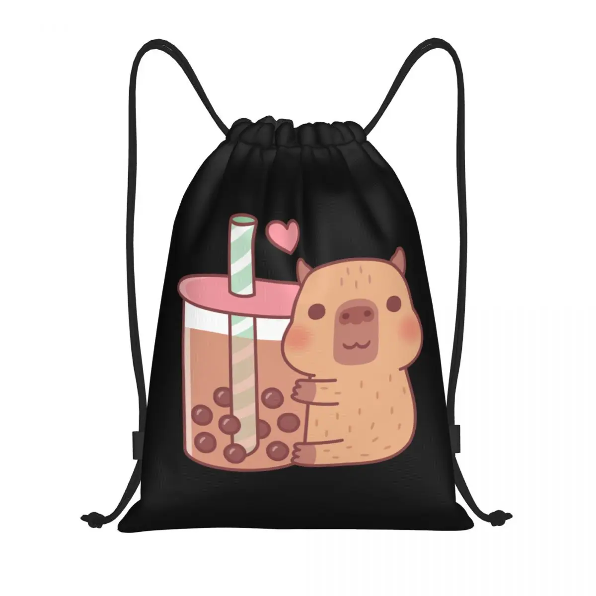 

Custom Cute Little Capybara Hugs Bubble Tea Drawstring Backpack Sports Gym Bag for Women Men Shopping Sackpack