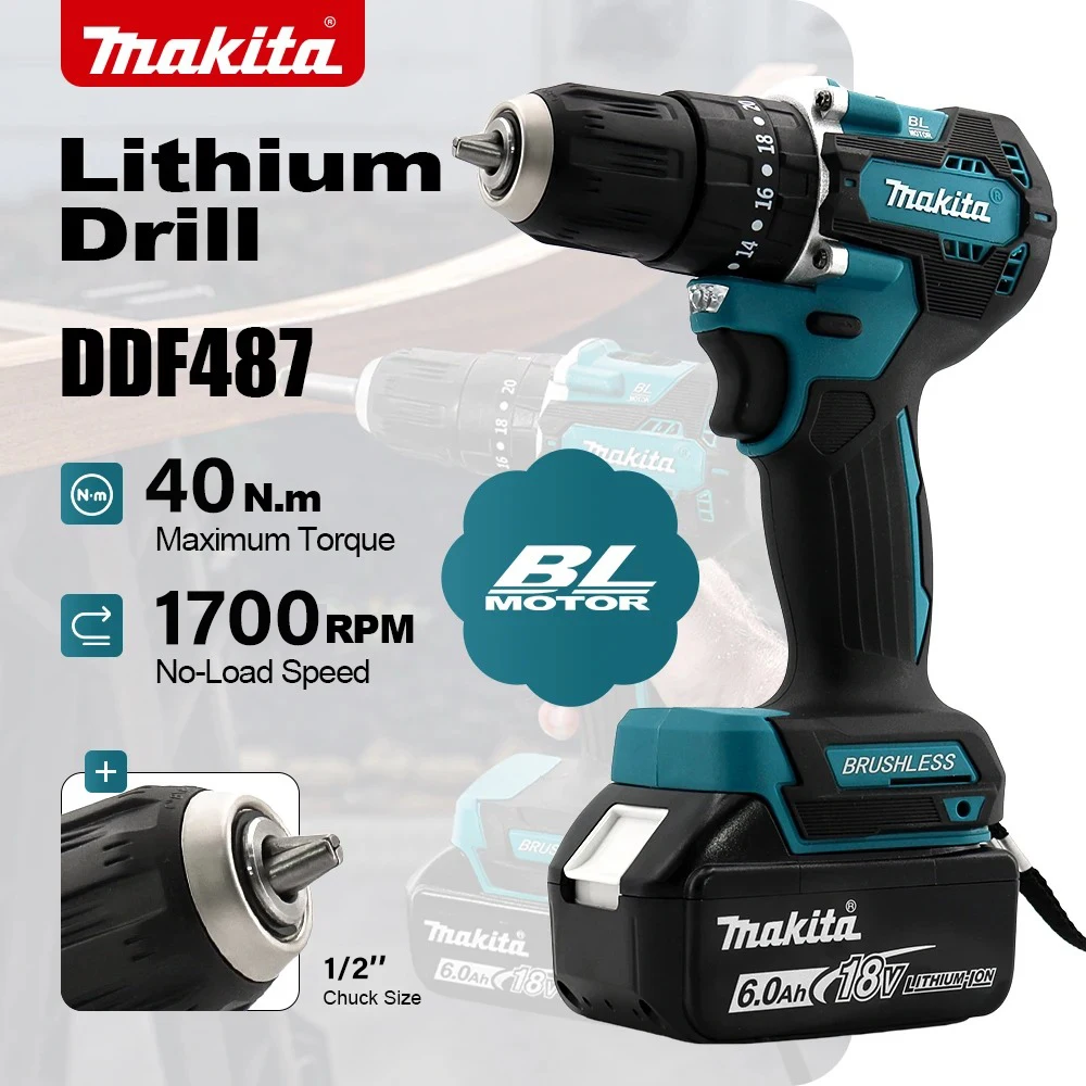 Taladro de Impacto Eléctrico Inalámbrico Makita DDF487 de 18V, 1/2 pulgada, 40N.m, Atornillador de Impacto Recargable, Herramienta Eléctrica Doméstica