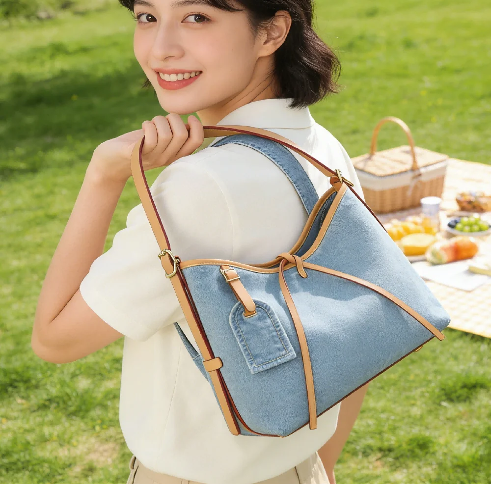 

Модная ретро-сумка из денима, джинсовая сумка с кожаным бантом, трендовая сумка-шоппер через плечо, блестящая джинсовая сумка-хобо.