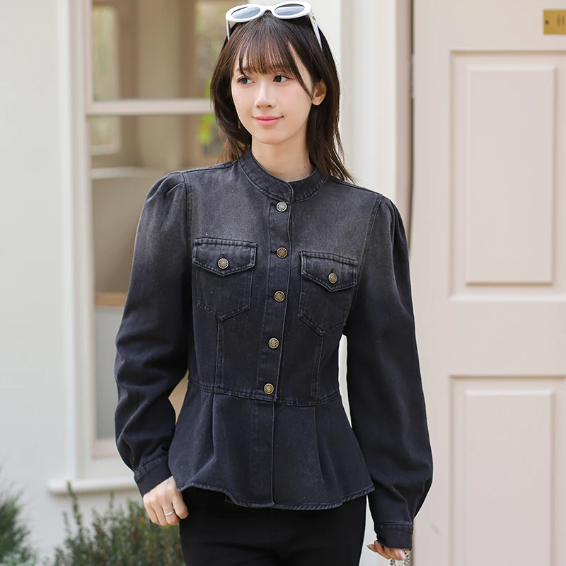 Women\'s Autumn Sprong New High Quality Elegant Female Office Ruffle Denim Jacket