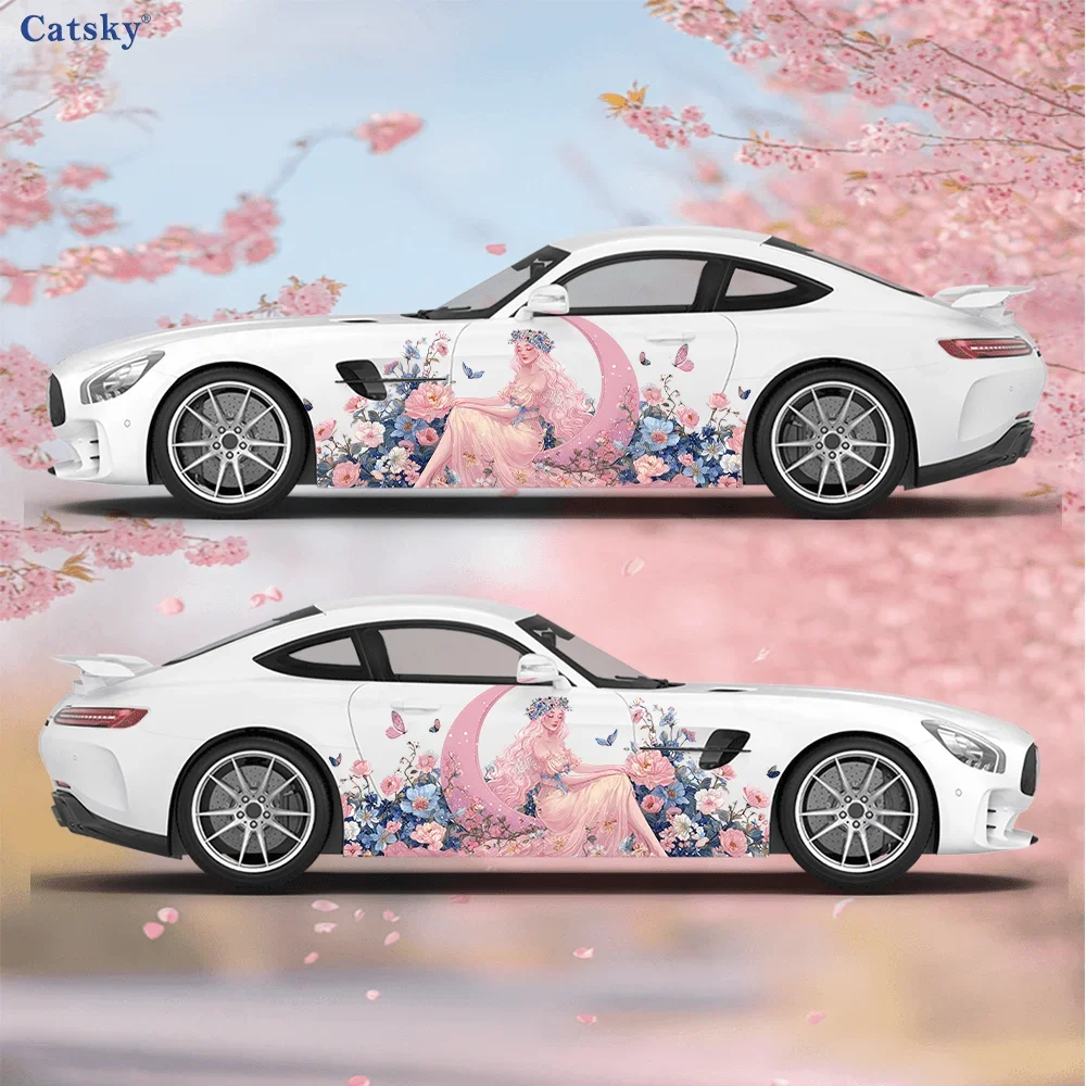 Pink Floral Girl Car Side Car Wraps, Self-Adhesive PVC Waterproof & Scratch-Resistant Stickers, Car Accessory Gift