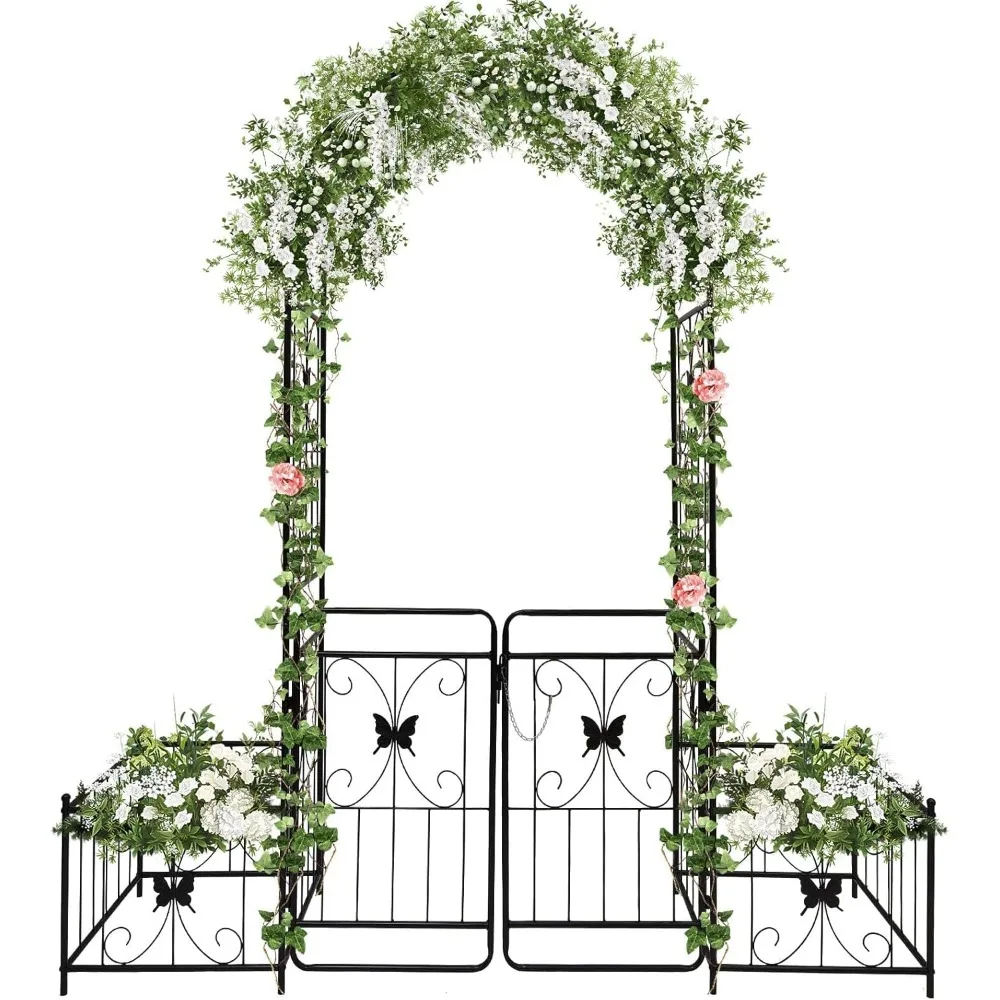 

Garden Arch with Gate and Plant Box, Heavy Duty Metal Butterfly Garden Arbor for Climbing Plant Raised Bed Rose Vines