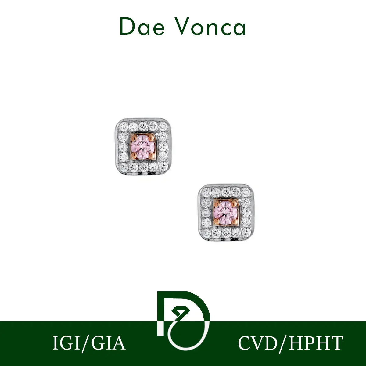 

Square Stud Earrings Fancy Pink Round Lab Grown Diamond In PT950/14K/18K White & Rose Gold White Diamond Halo Earrings