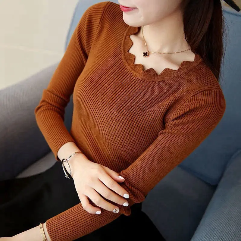 JY Spring and Autumn New Lace Round Neck Sweater Solid Color Hoodie Long Sleeve Inner Slim Knitted Sweater for Women