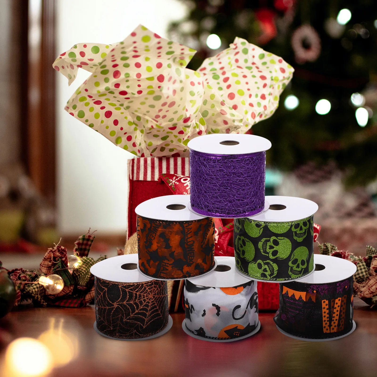 

6 Rolls Ribbon Combo Set Durable Polyester Wired for Halloween Gift Wrapping DIY Craft Decor Holiday Flower Packing Project