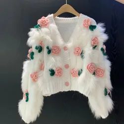 2023 Autumn Winter Women Embroidery 3D Rose Fluffy Short Cardigan Sweet Loose V-Neck Knitted Sweater Coat Chic Female Streetwear