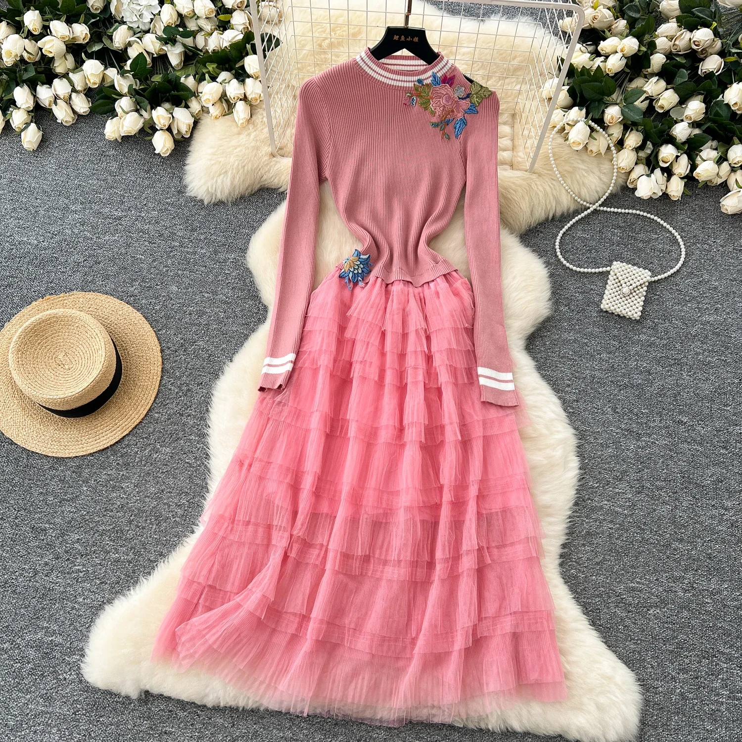 Elegant O-neck Vintage Long Sleeve Chic Floral Embroidered Slim Knit Spliced Mesh French Evening High Street Autumn Dresses