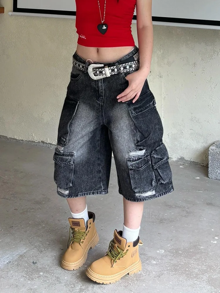 

Женские винтажные джинсовые брюки-карго с широкими штанинами и семью карманами в американском уличном стиле, с эффектом потертости, высокой талией, свободного кроя