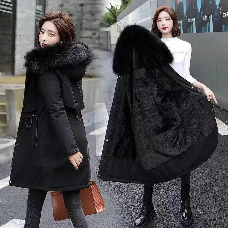 Parkas de invierno con forro de felpa para mujer, abrigos gruesos y cálidos acolchados de algodón, Chaqueta larga de invierno con capucha, ropa de