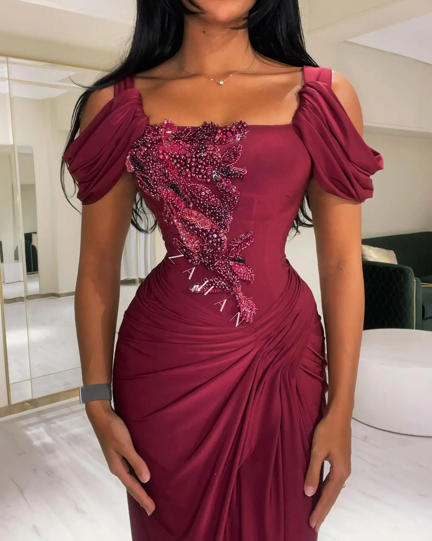 Off Shoulder Wedding Party Dress Customized Saudi Arabia Prom Dress Pleated Square Neckline Evening Dresses Mermaid Sweep Train