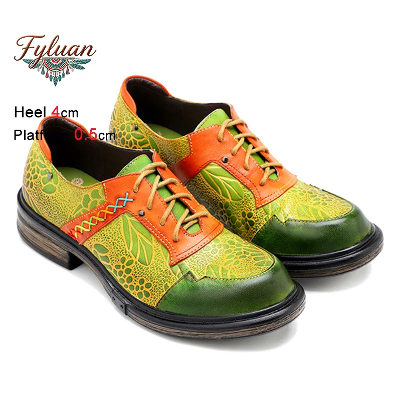 

New Casual sheepskin Leather Shoes For Woman 4CM Lace-up Round Toe heel Pumps Fashion Design Outdoor retro walking High Heels