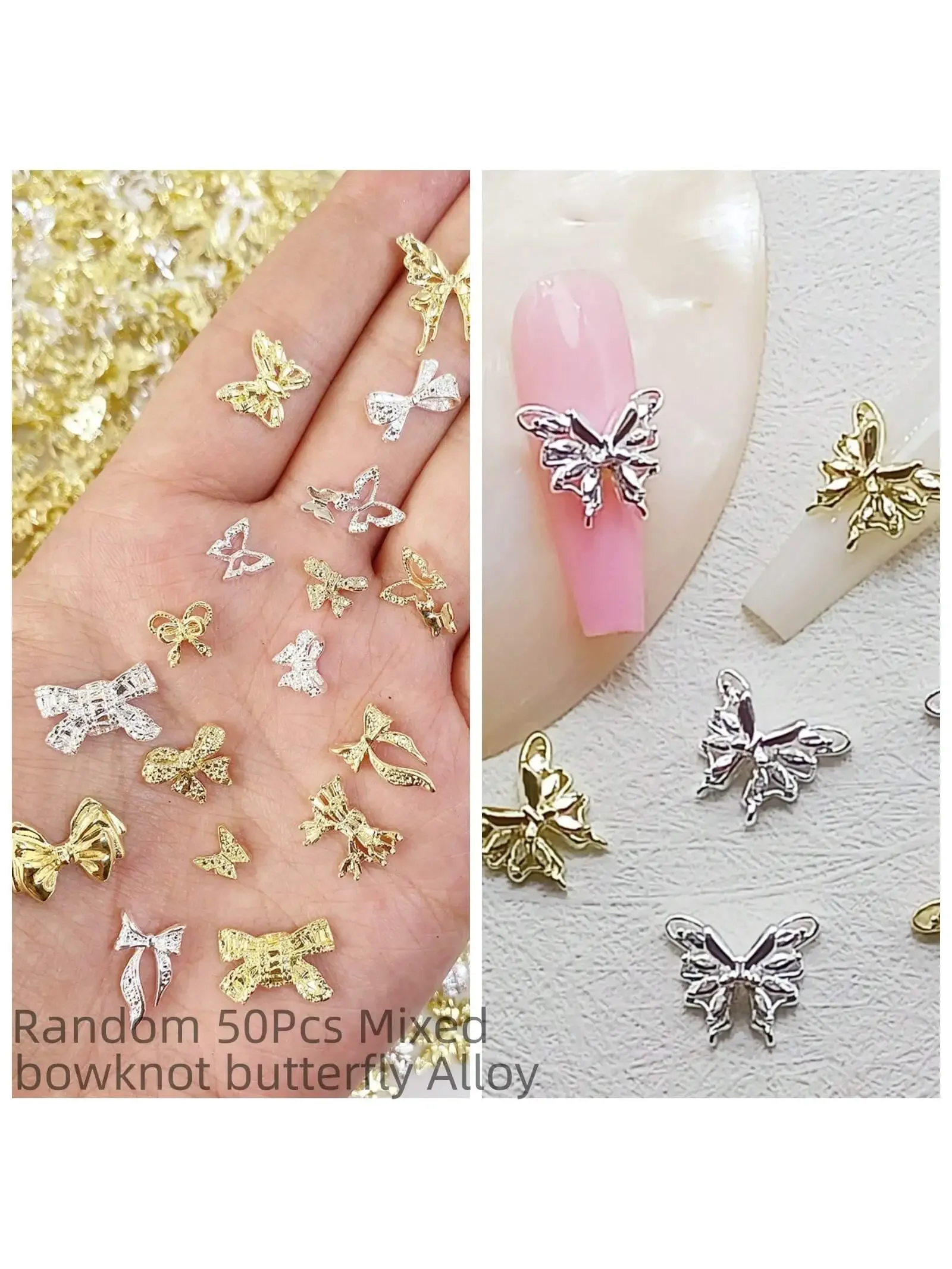 50pcs/bag Random Mixed Butterfly & Bowknot Shaped Alloy Nail Art Decorations Charm Silver Gold Jewelry Accessories Nail Supplies