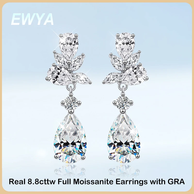 

EWYA Luxury D Color 8.8cttw Full Moissanite Drop Earring for Women S925 Silver Long Tassel Dangle Marquise Cut Diamond Earrings