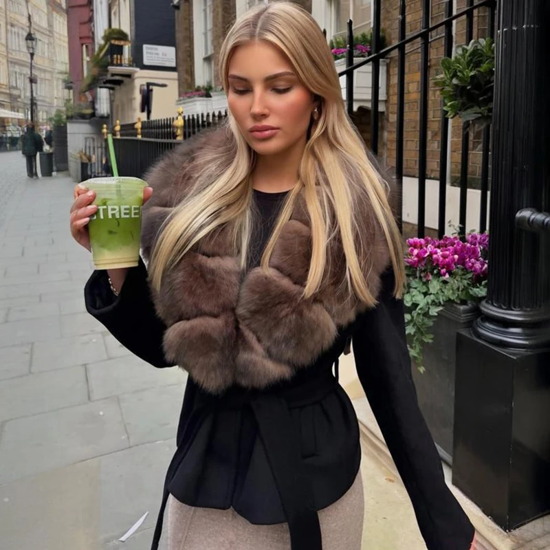 

Tornova Retro Double-Faced Wool Coat Fox Fur Collar Women's Luxuriy Lace-Up V-neck Long Sleeves Coat Lady Winter New Warm Jacket