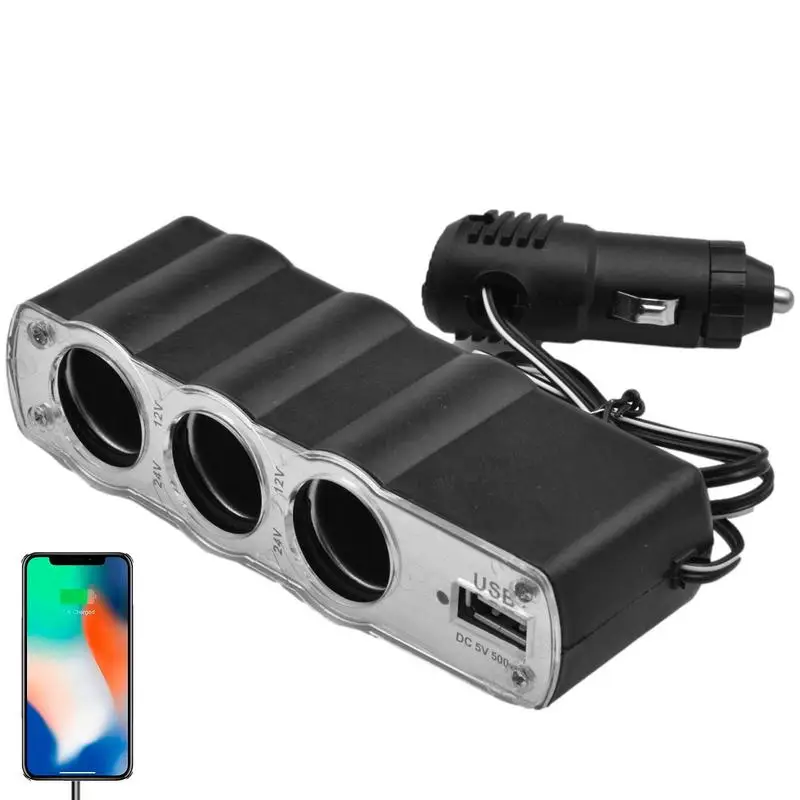 3 Way Multi Socket Car Cigarette Lighter Splitter Universal USB Plug Charger 12V Triple Adapter With USB Port For Vacuum Cleaner