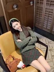 Korobov Preppy Suit Sweater Women Green Twist Knitwear Top Autumn High Waist Plaid A-line Skirt Two-piece Set Korean Fashion