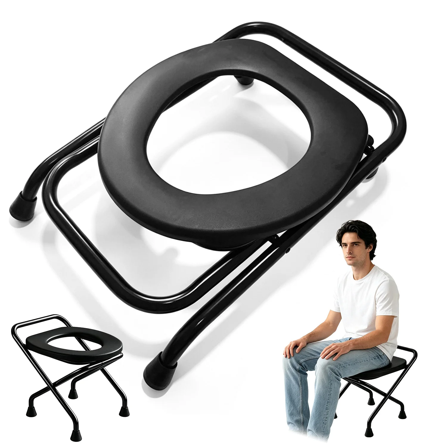 Chaise de toilette pliable tout-en-un – aucun assemblage requis ; convient aux personnes âgées, aux femmes enceintes et aux soins post-opératoires ; utilisation portable à domicile ; robuste, stable et sans basculement.