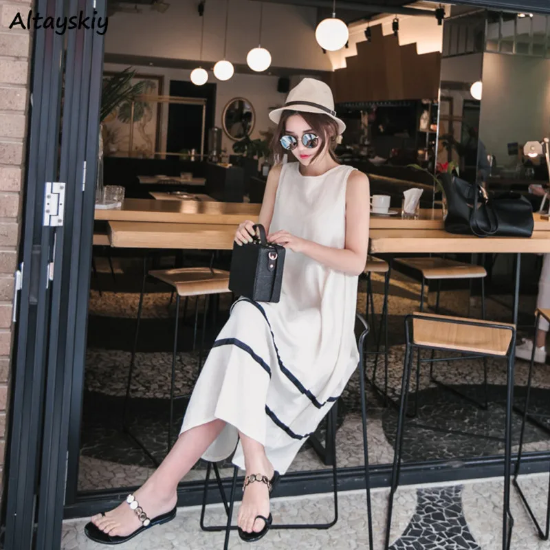 Długie Sukienki Damskie Bez Rękawów Trapezowe w Paski Luźne Letnie Rekreacyjne Koreański Styl Sukienka na Lato Prosta Plażowa Stylowa Ulzzang BF Modna