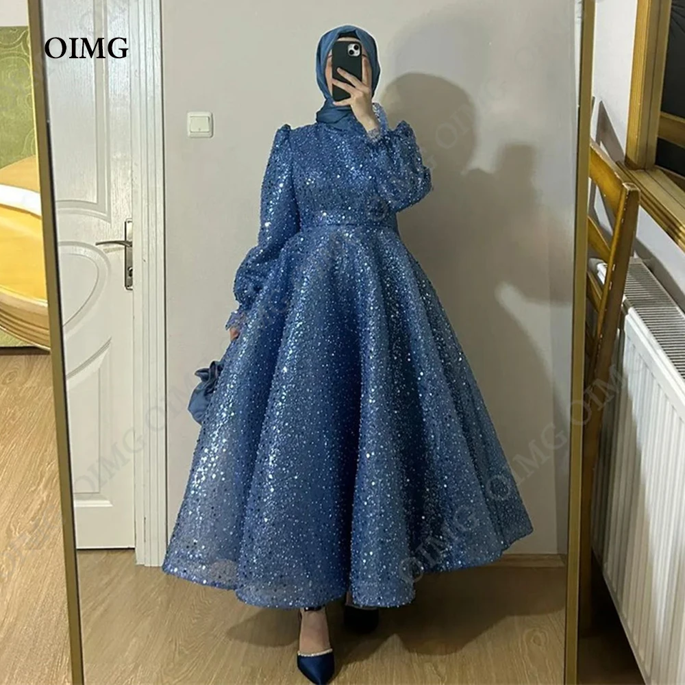 OIMG Glitter Lace Beads Evening Dress Sparkly Beading Pleats Formal Prom Dress High Neck Full Sleeves Wedding Party Gown