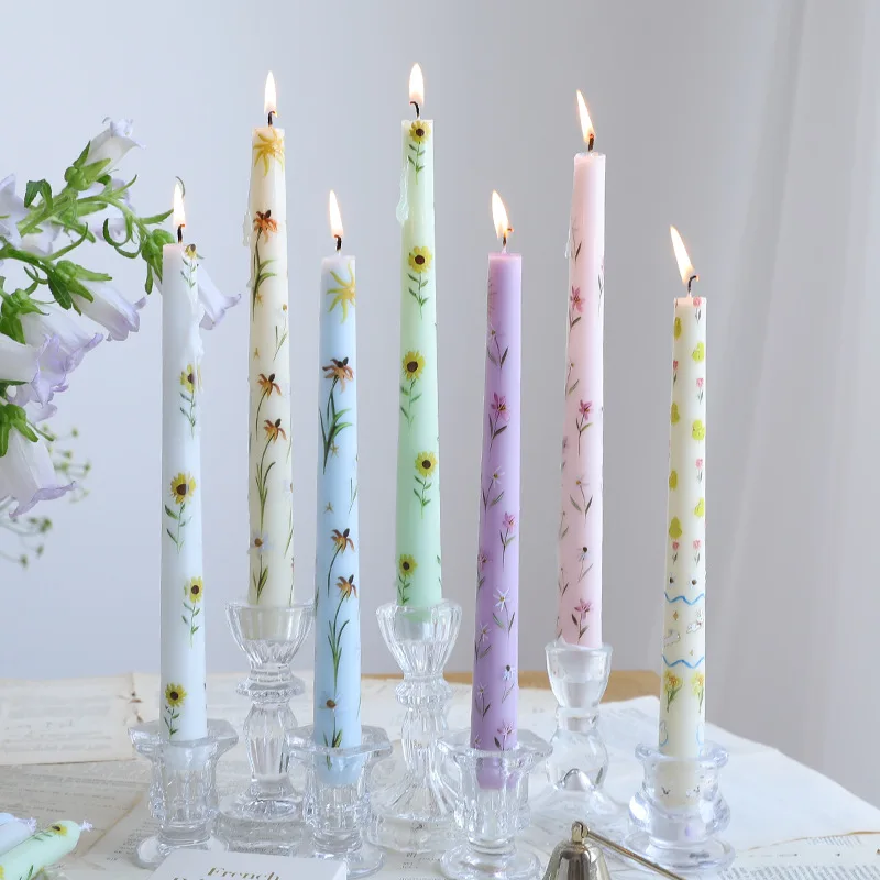 2pc/box 25cm European-style Long Pole Floral Printed Candle, Smokeless Atmosphere Decoration Candle For Wedding And Festival