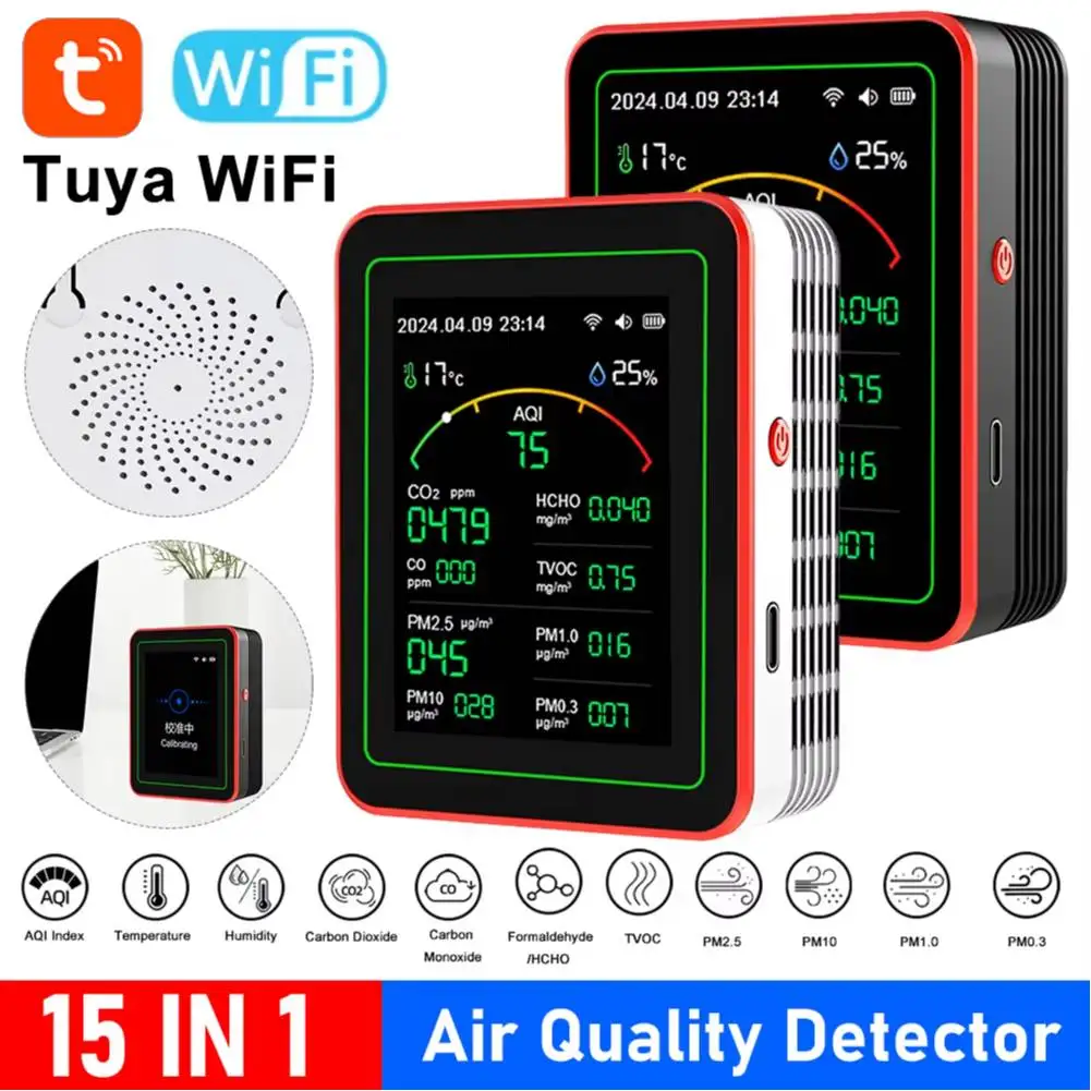 15 In 1 Air Quality Monitor CO2 Meter CO TVOC HCHO PM2.5 PM1.0 PM10 Temperature And Humidity Measurement Carbon Dioxide Detector