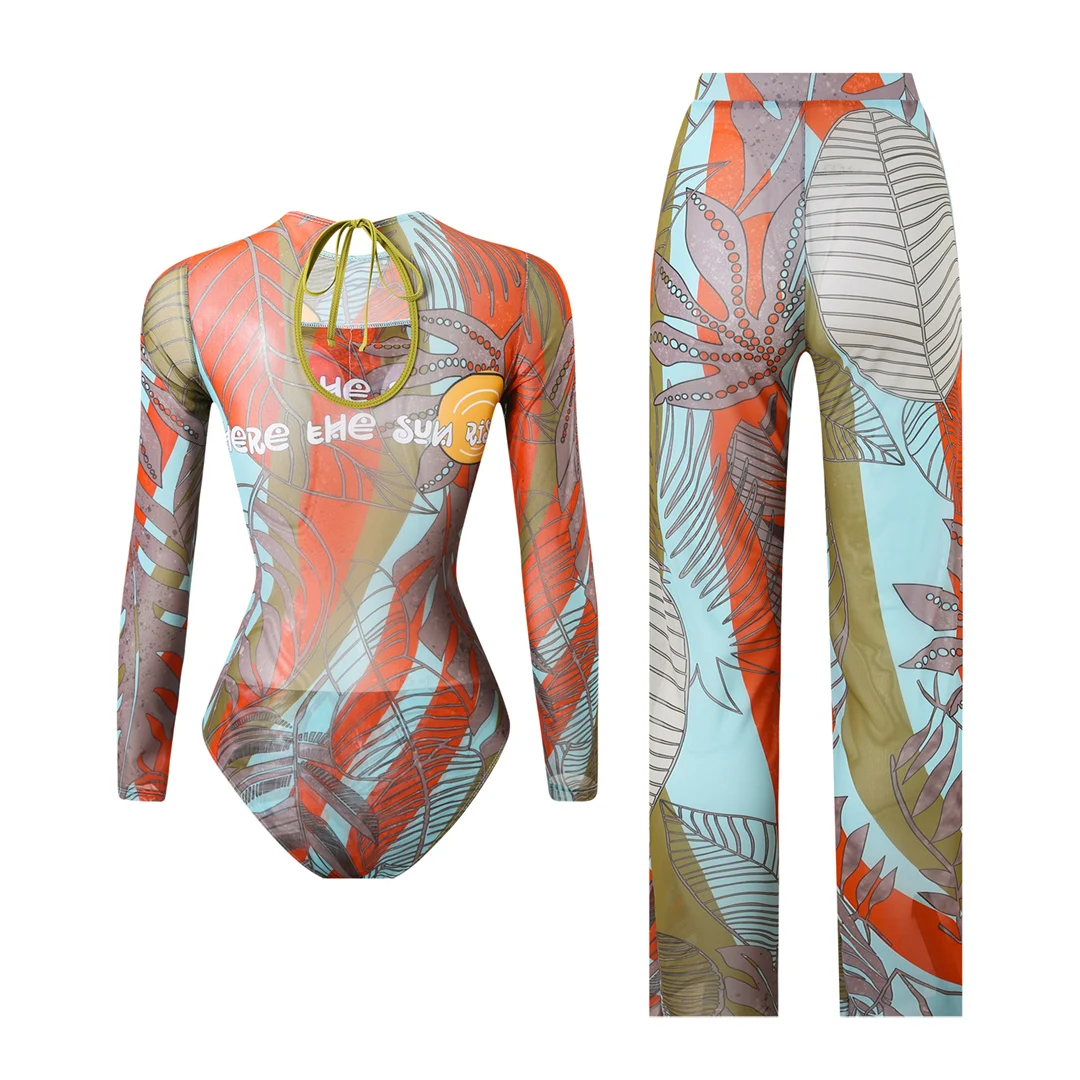 S - XXL Neuer bedruckter Badeanzug mit langen Ärmeln und Hose, einteiliger Damen-Badeanzug, floraler, gepolsterter Badeanzug, Badebekleidung, Modell V7176 – Detail 17