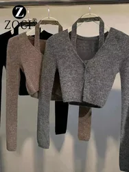 [zoci] Autumn Wang []king New Trendy Solid Color Top V-neck Knitted Cardigan Design Two Women