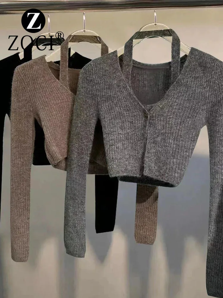 [zoci] Autumn Wang []king New Trendy Solid Color Top V-neck Knitted Cardigan Design Two Women