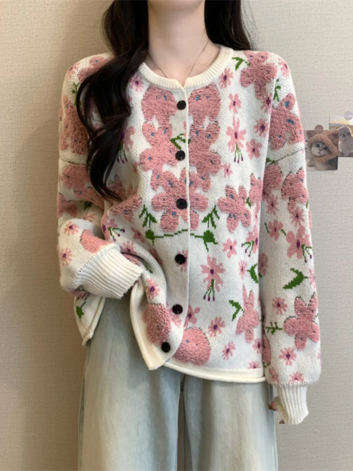 Country Style Knitted Floral Embroidery Open Cardigan Sweater Women's plus Size Spring Autumn Unique Beautiful Top