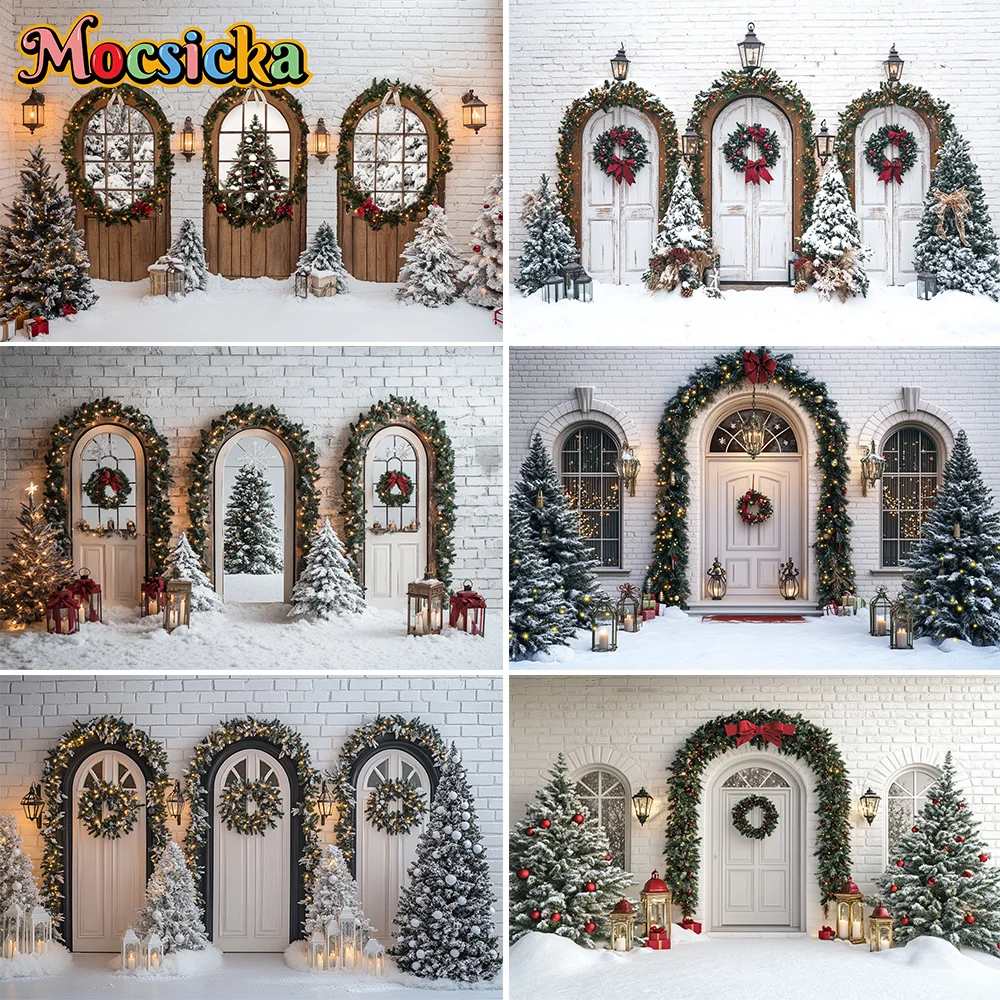 

Mocsicka Photography Background Winter Christmas Front Door Window Xmas Trees Kids Family Portrait Decor Backdrop Photo Studio