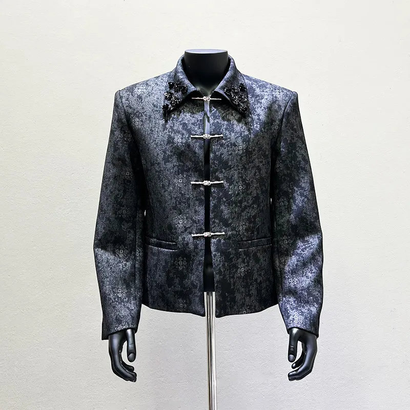Men's Chinese Embroidered Lapel Jacket with Metal Fasteners for Alternative Fashion and Creative Performance Wear