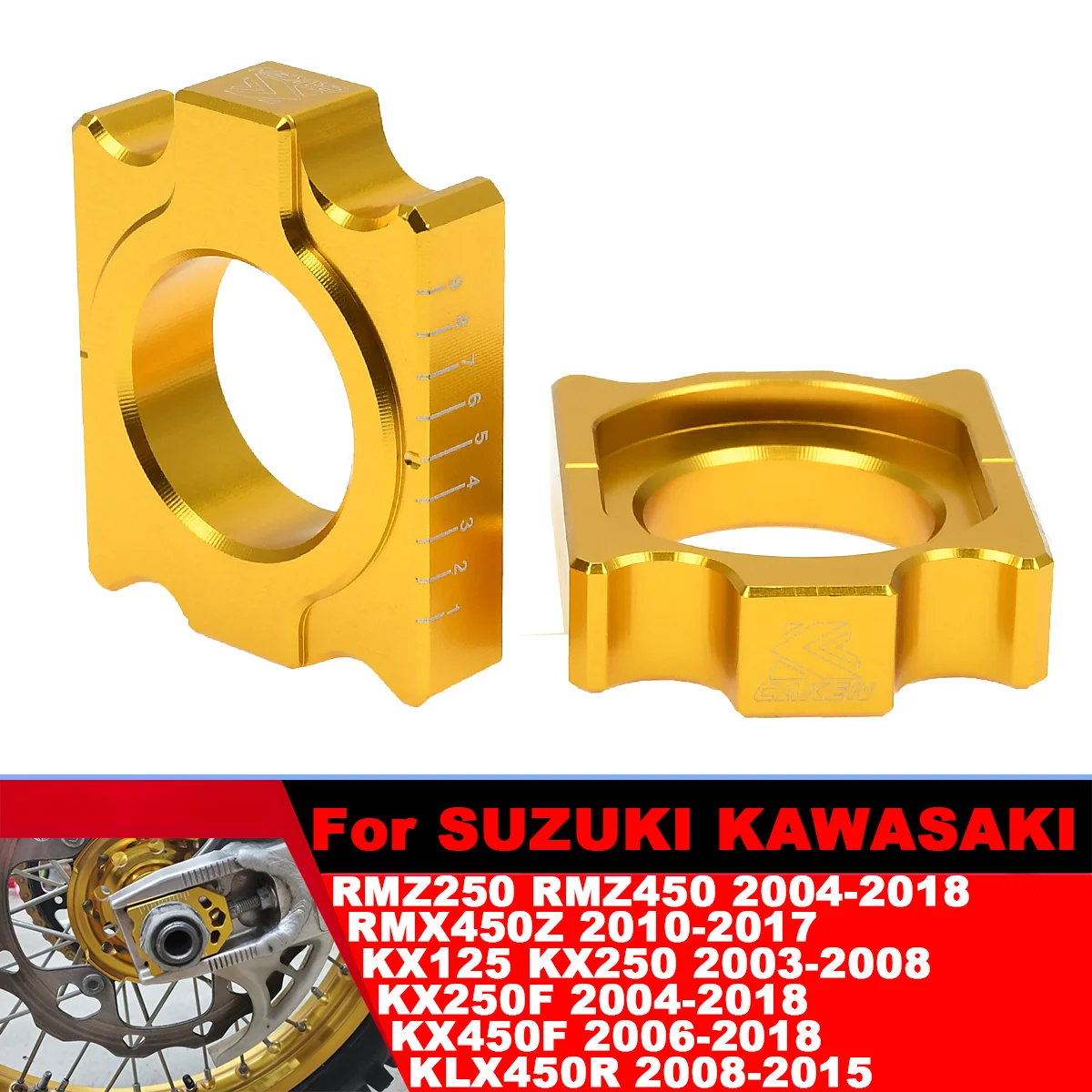 

Motocross CNC Gold Pair Rear Chain Adjuster Axle Block For Suzuki RMZ250 450 RMX 450Z For Kawasaki KX 125 250 250F 450F KLX450R