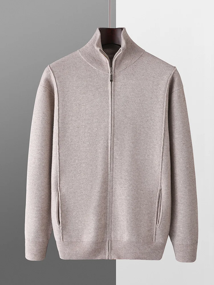 

Мужской кардиган из 100% шерсти с воротником-поло на молнии, осенне-зимний, с толстыми карманами, в стиле смарт-кэжуал, вязаный шерстяной топ