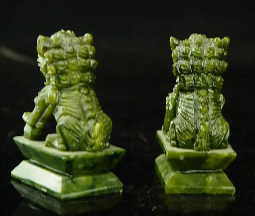Rare A pair of 100% China natural green jade hand-carved statues fo dog lion