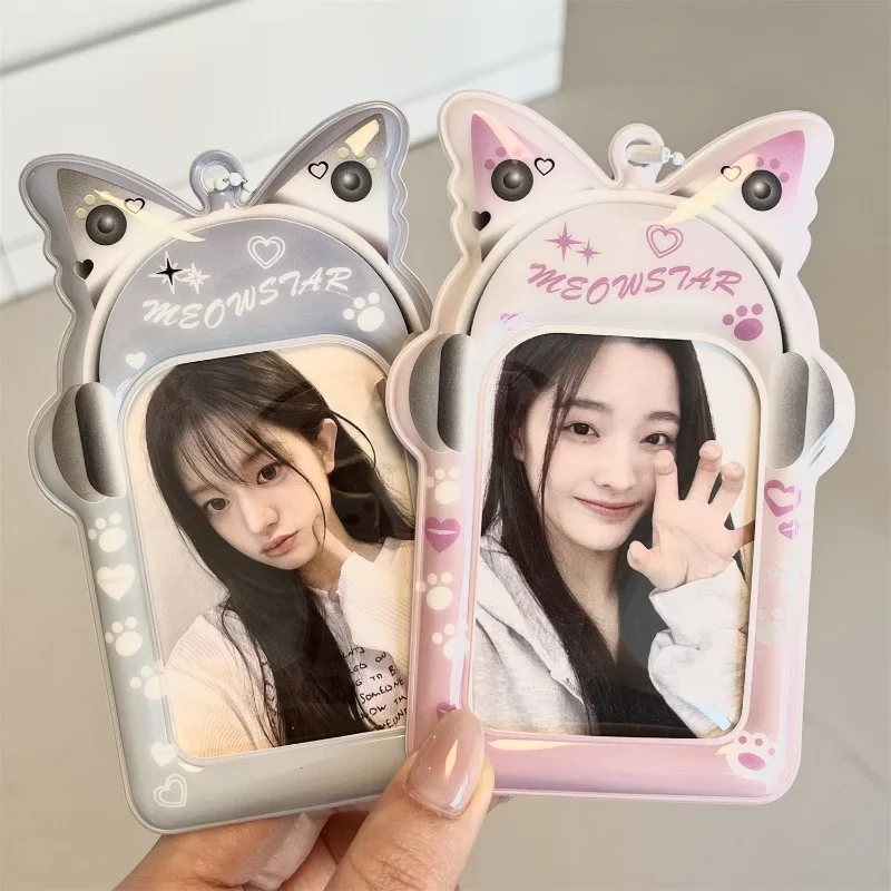 Heart Earphone Cat Ear PVC Card Holder 3 Inch Photocard Kpop Idol Card Storage Display Student Campus ID Bag Charm Pendant